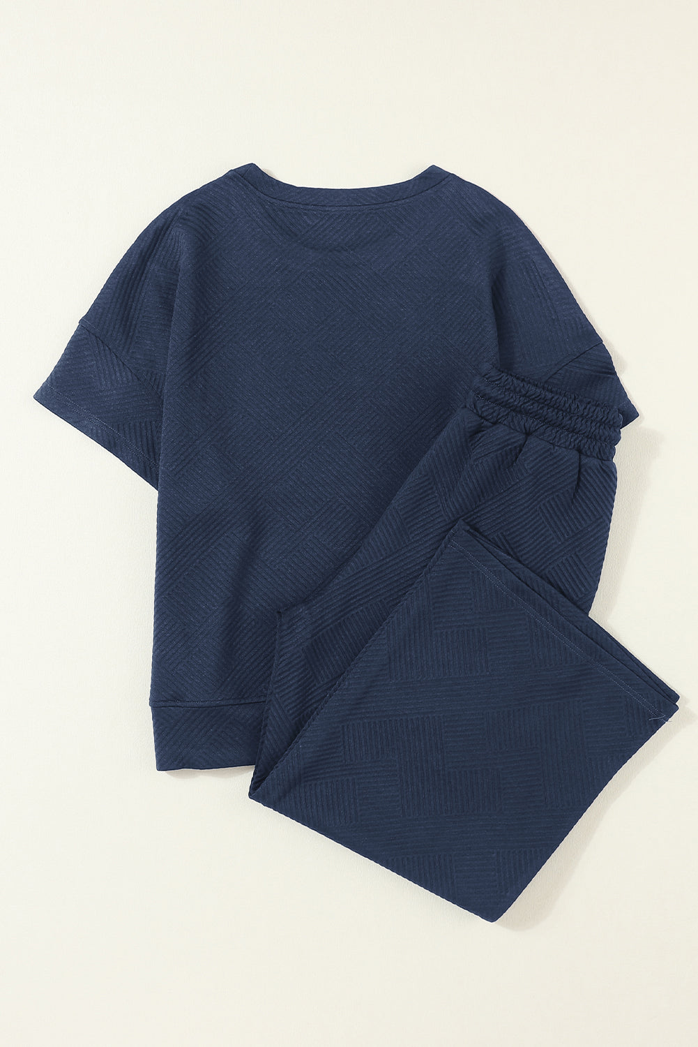 Black 2pcs Solid Textured Drawstring Shorts Set