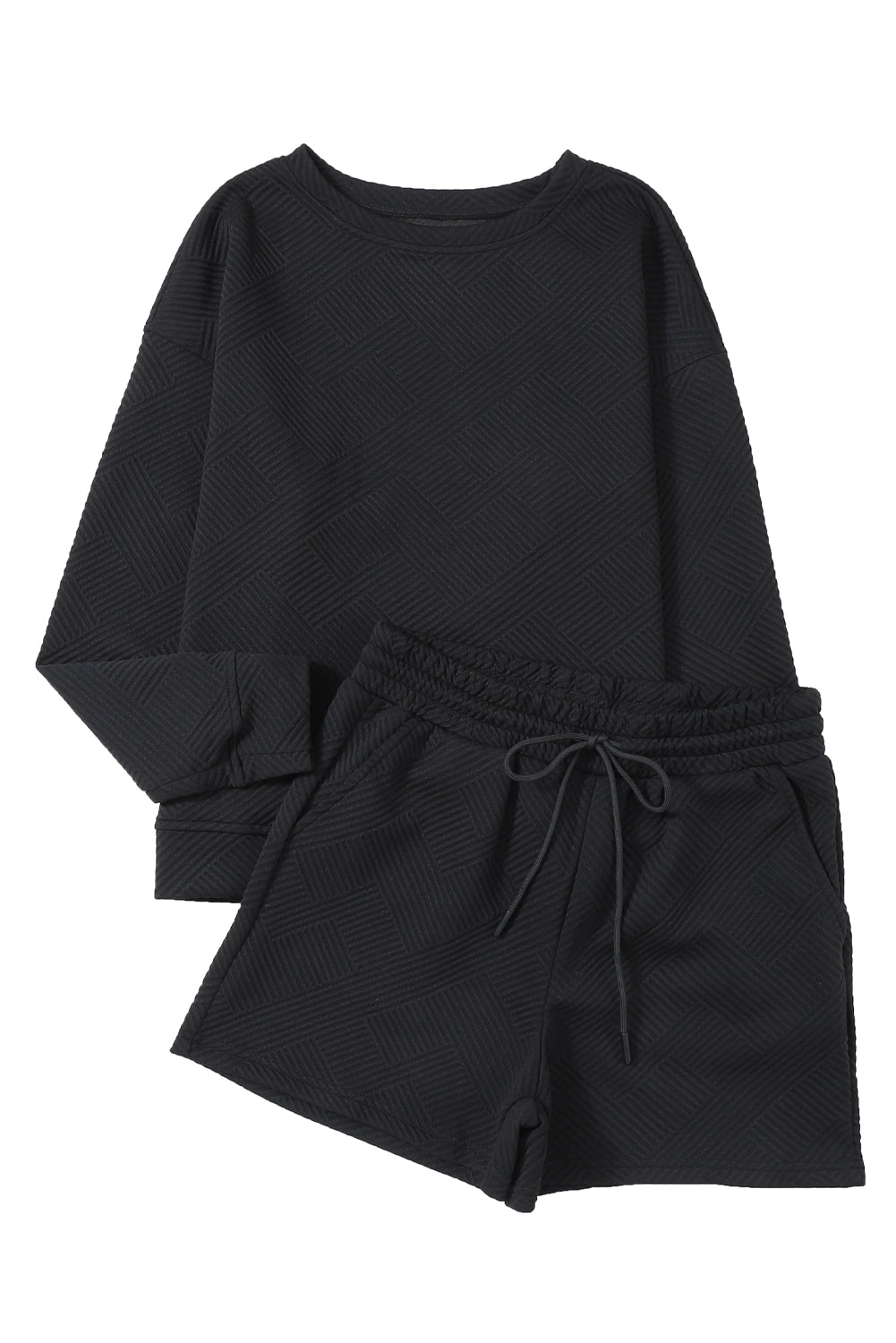 Black 2pcs Solid Textured Drawstring Shorts Set