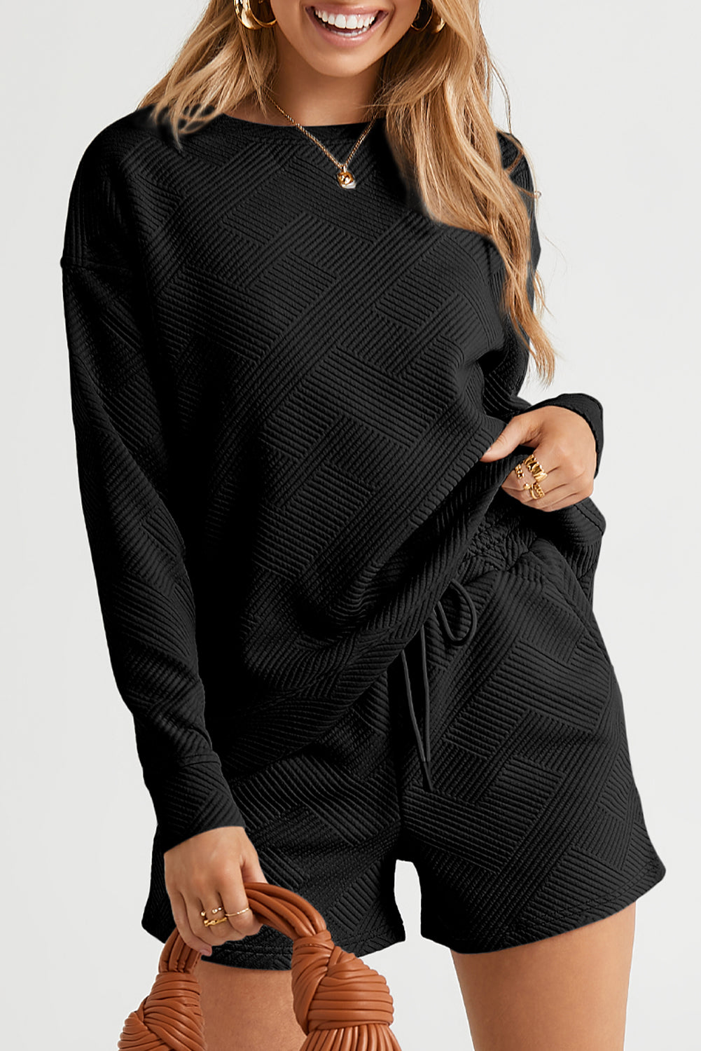 Black 2pcs Solid Textured Drawstring Shorts Set