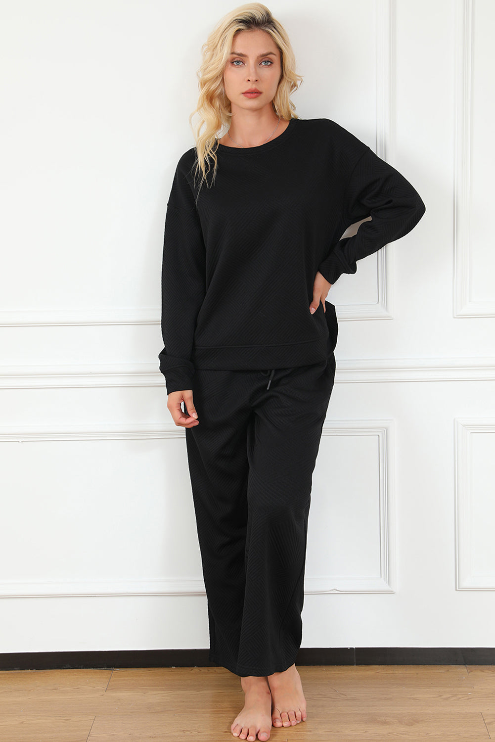 Black 2pcs Solid Textured Drawstring Shorts Set