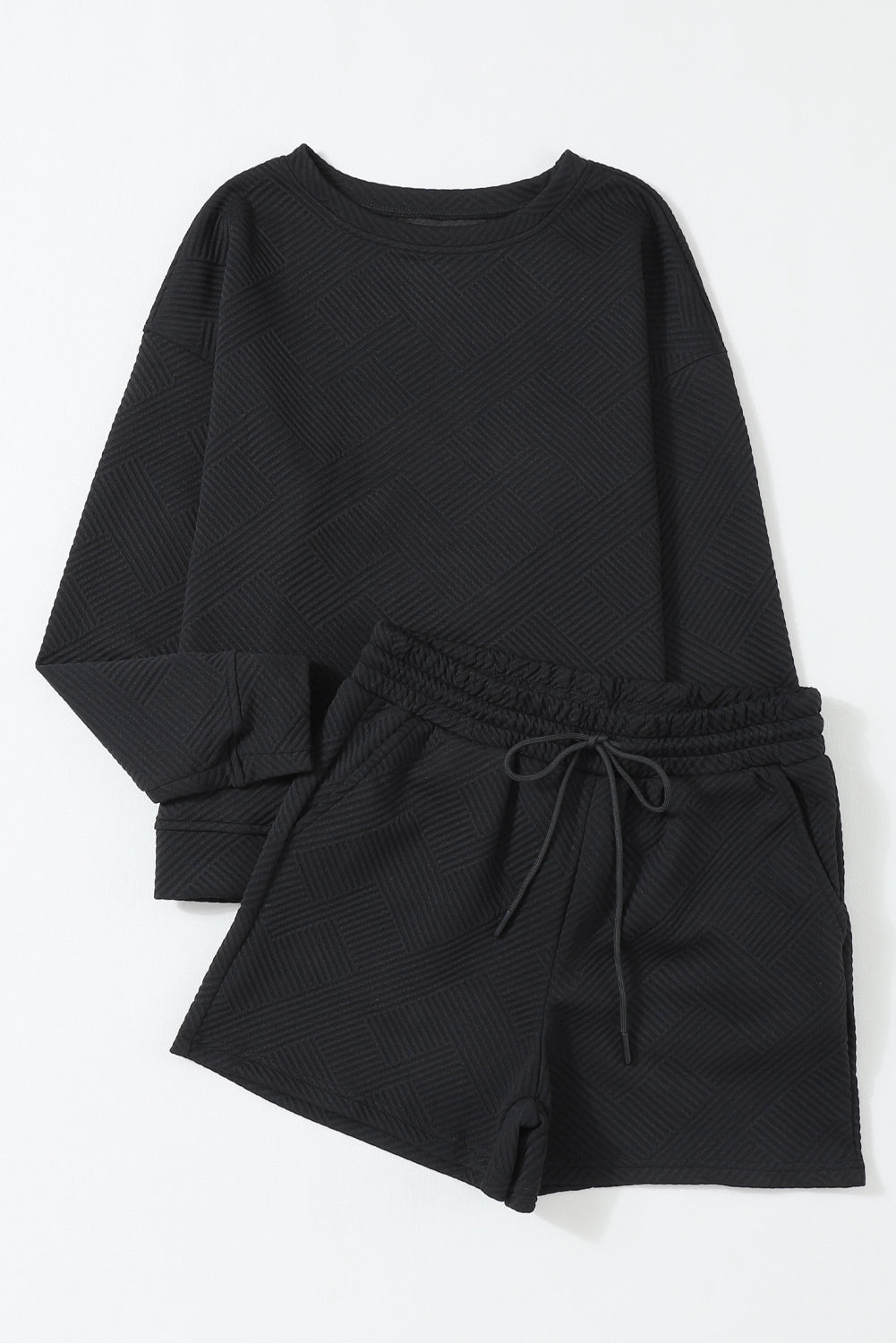 Black 2pcs Solid Textured Drawstring Shorts Set