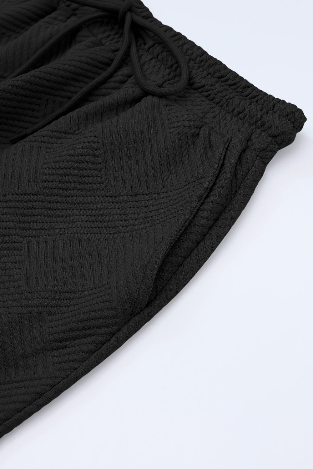 Black 2pcs Solid Textured Drawstring Shorts Set