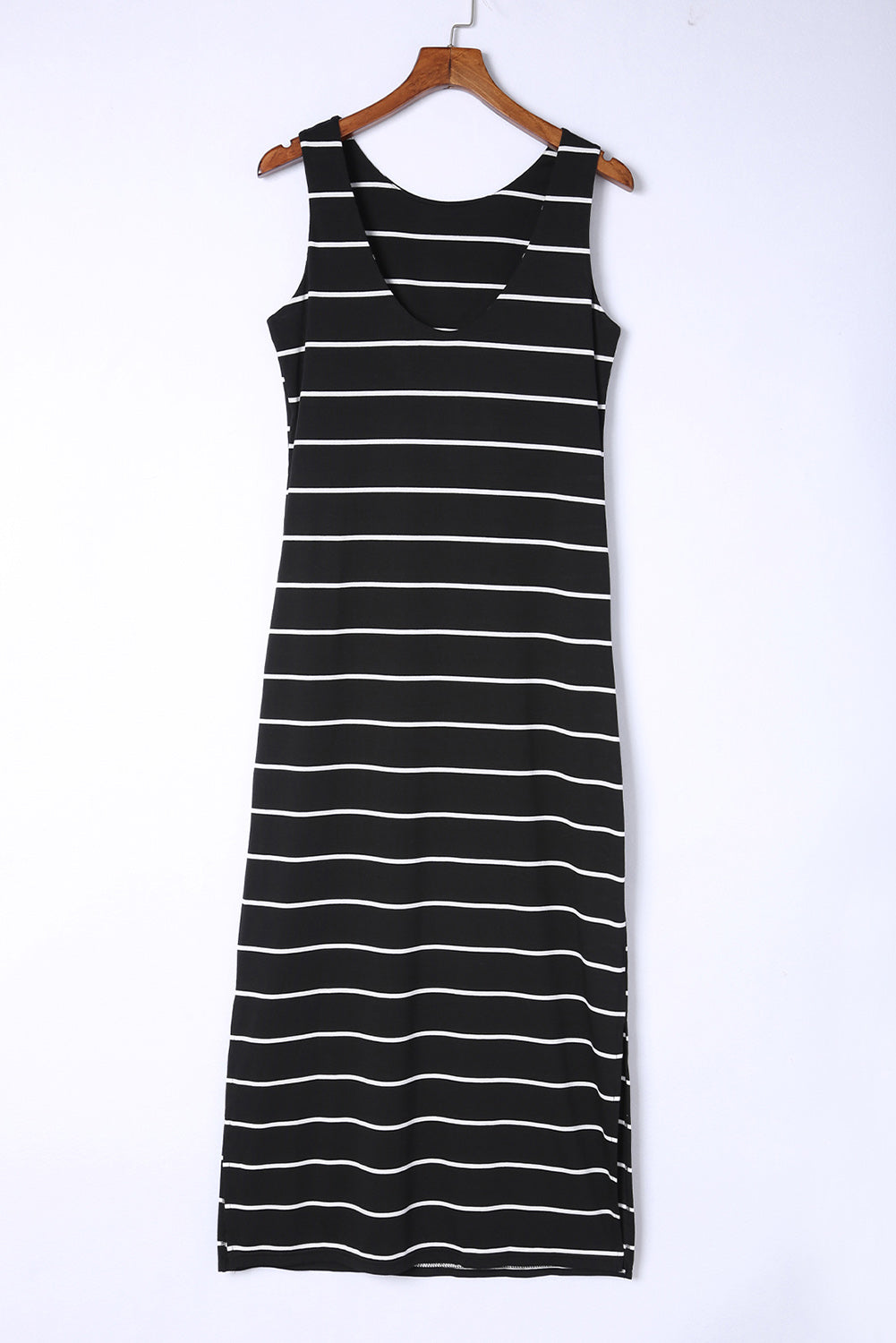 Khaki Stripe Print Open Back Sleeveless Maxi Dress with Slits
