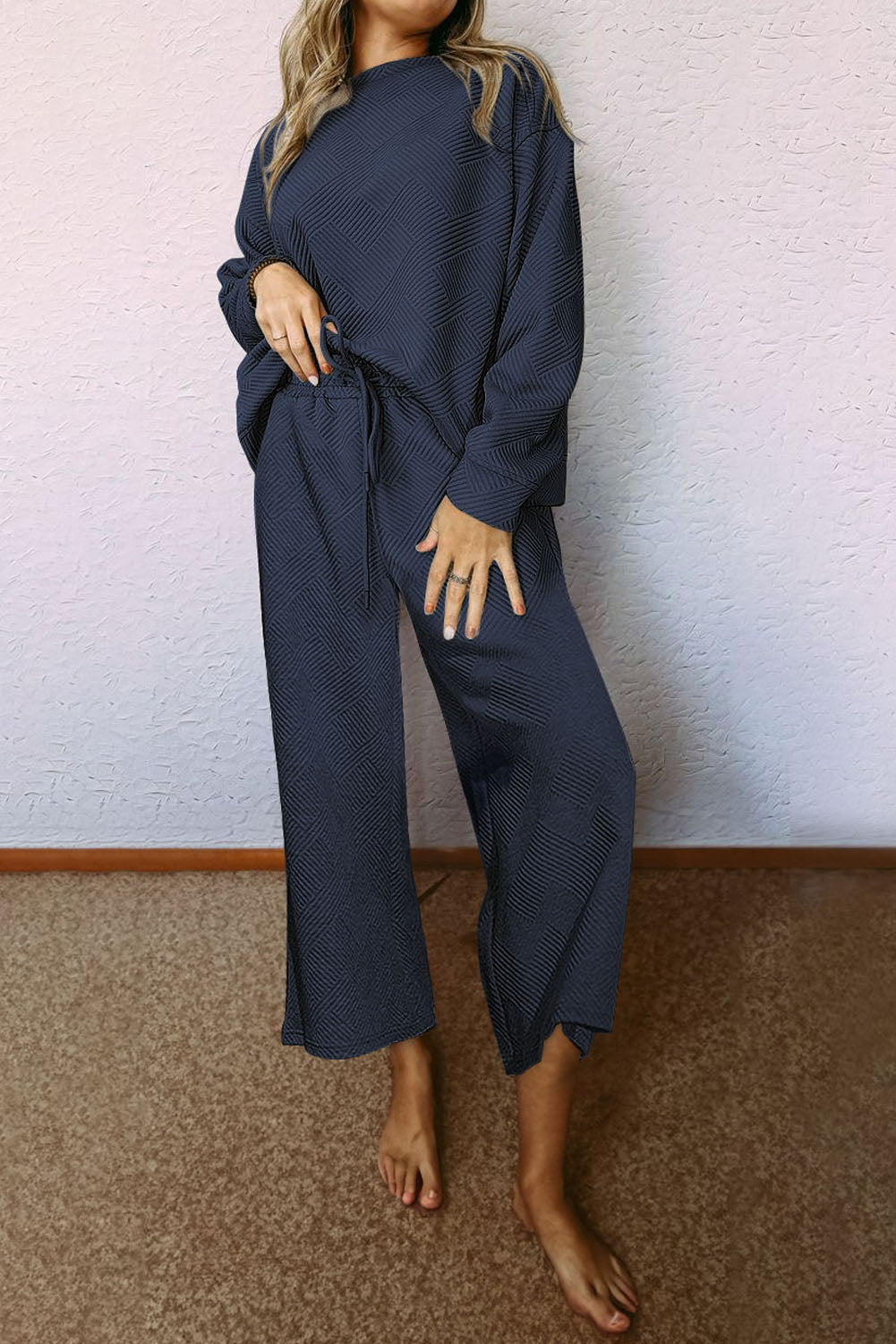 Black 2pcs Solid Textured Drawstring Shorts Set