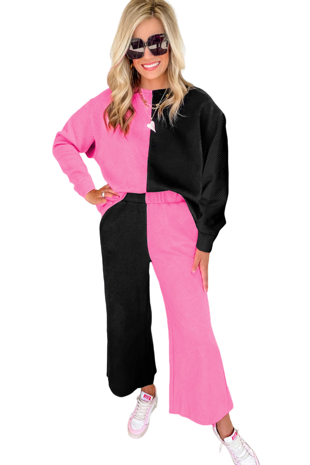 Black 2pcs Solid Textured Drawstring Shorts Set