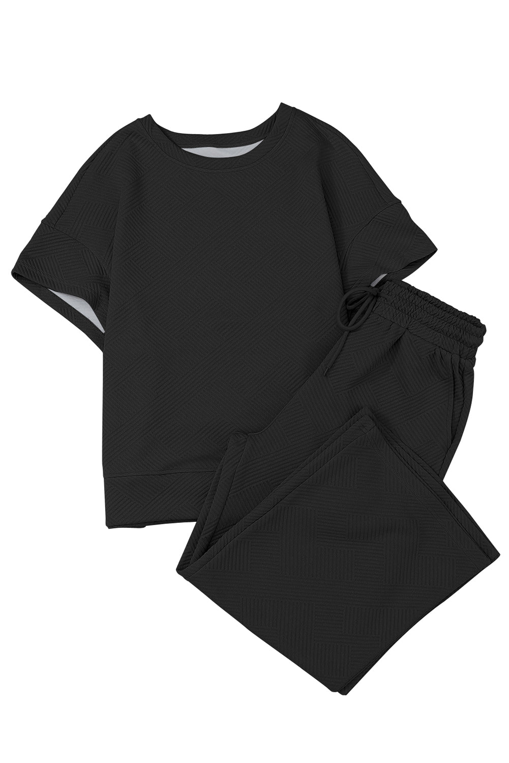 Black 2pcs Solid Textured Drawstring Shorts Set