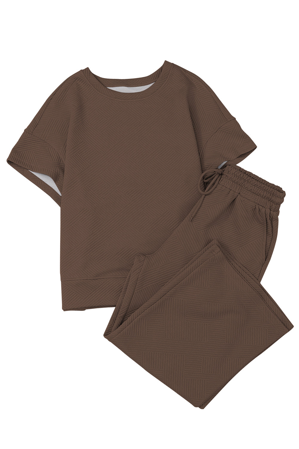 Black 2pcs Solid Textured Drawstring Shorts Set