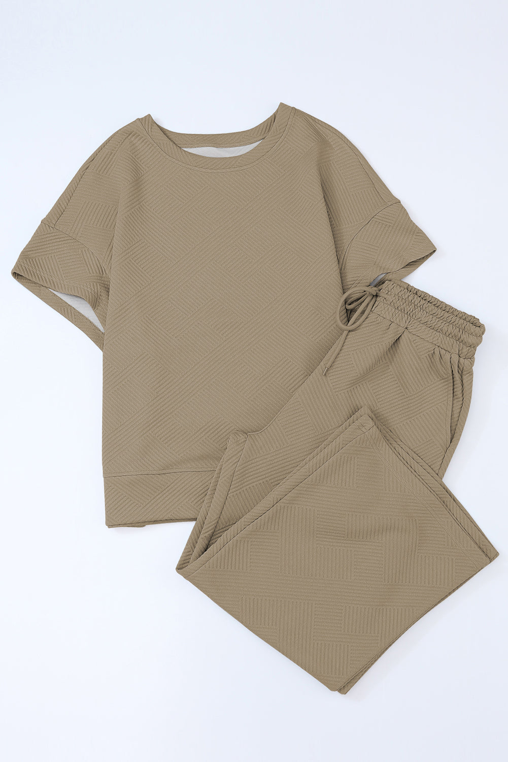 Black 2pcs Solid Textured Drawstring Shorts Set