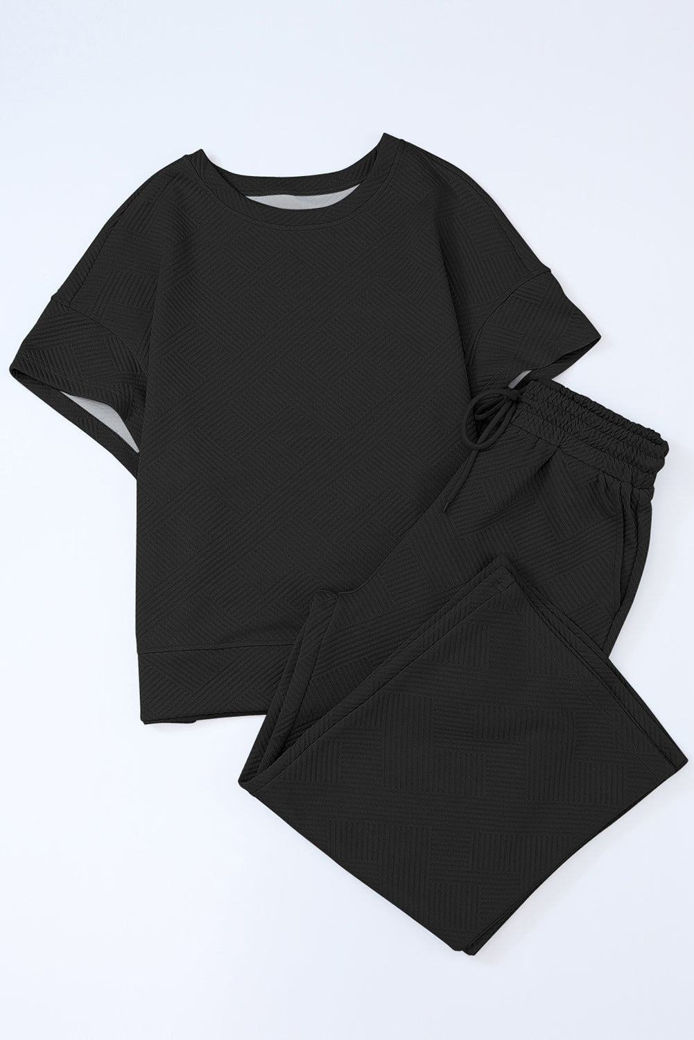 Black 2pcs Solid Textured Drawstring Shorts Set