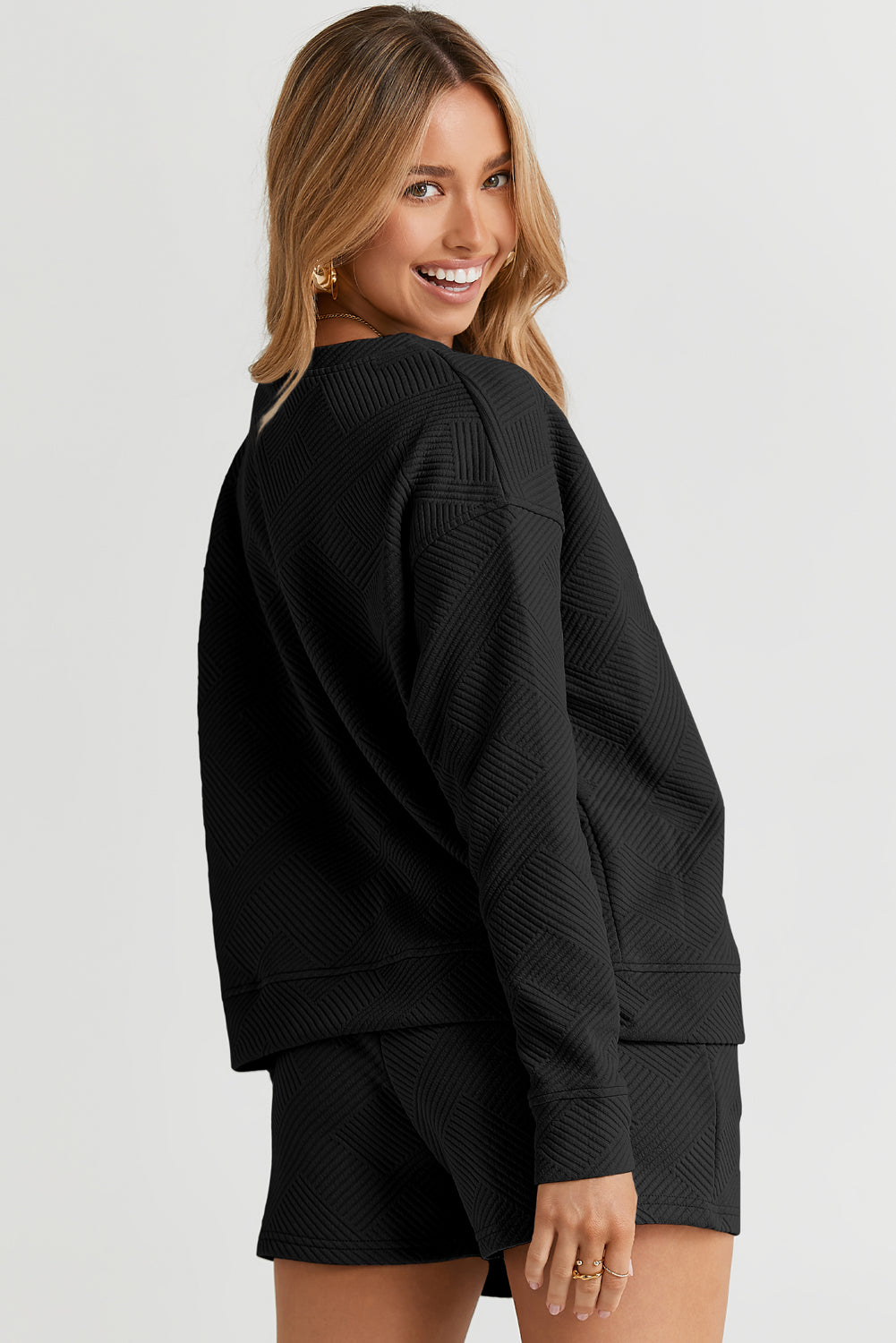 Black 2pcs Solid Textured Drawstring Shorts Set