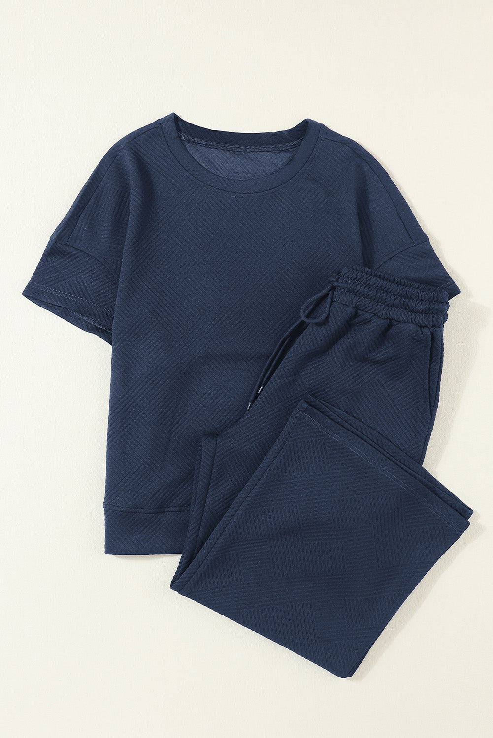 Black 2pcs Solid Textured Drawstring Shorts Set