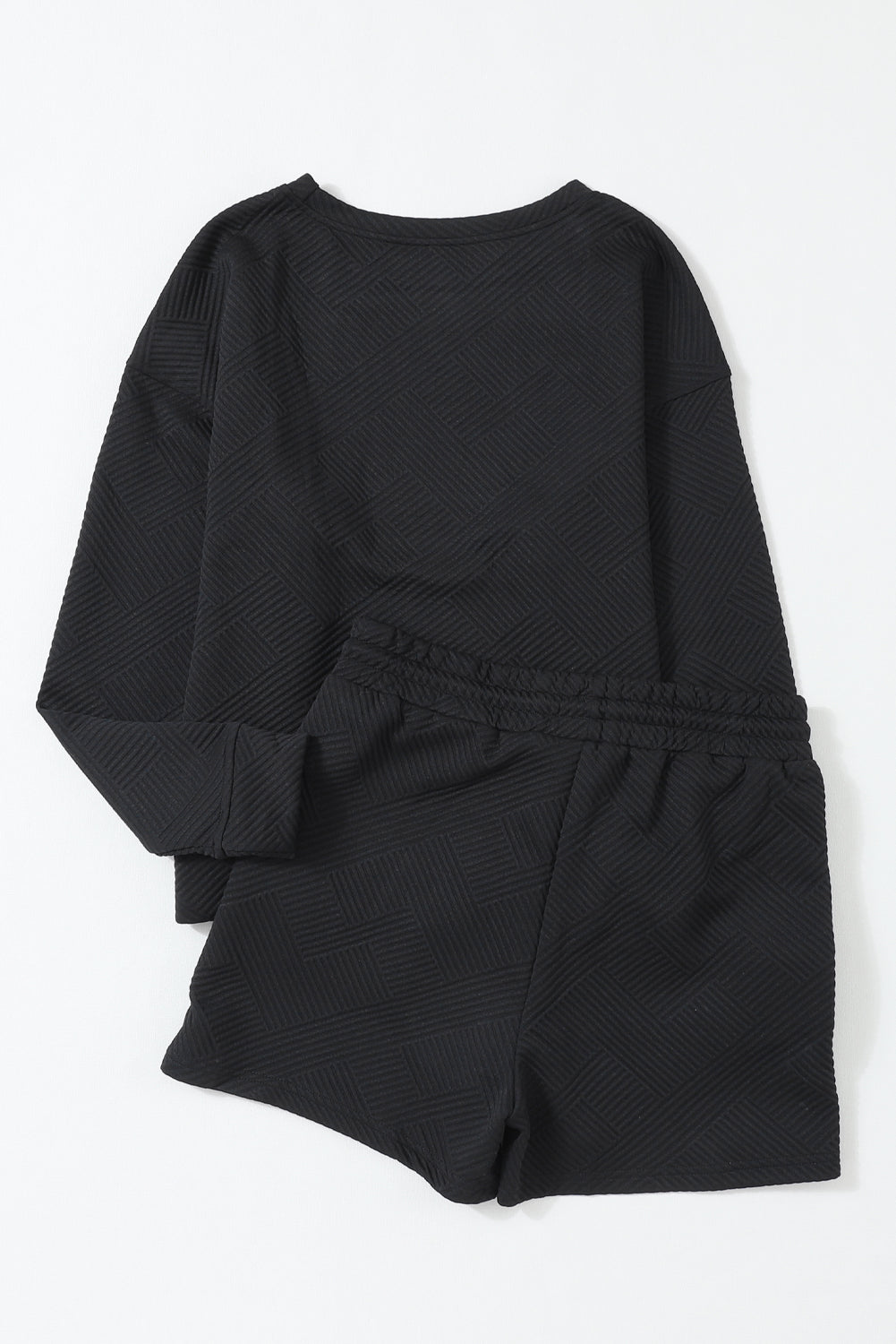 Black 2pcs Solid Textured Drawstring Shorts Set