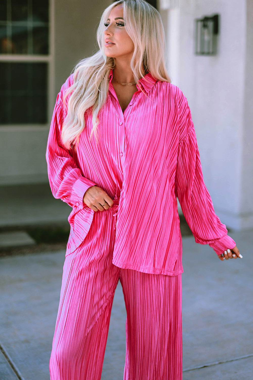 Black 3/4 Sleeves Pleated Shirt and High Waist Shorts Lounge Set