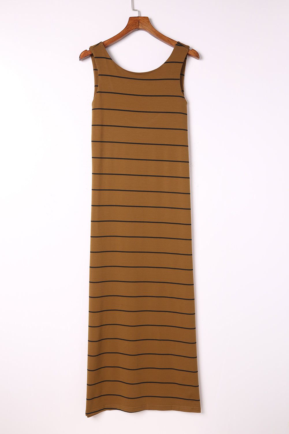 Khaki Stripe Print Open Back Sleeveless Maxi Dress with Slits