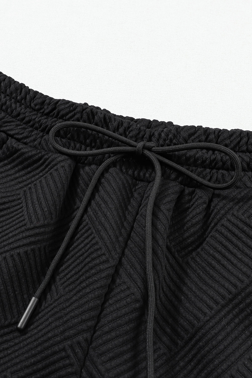 Black 2pcs Solid Textured Drawstring Shorts Set
