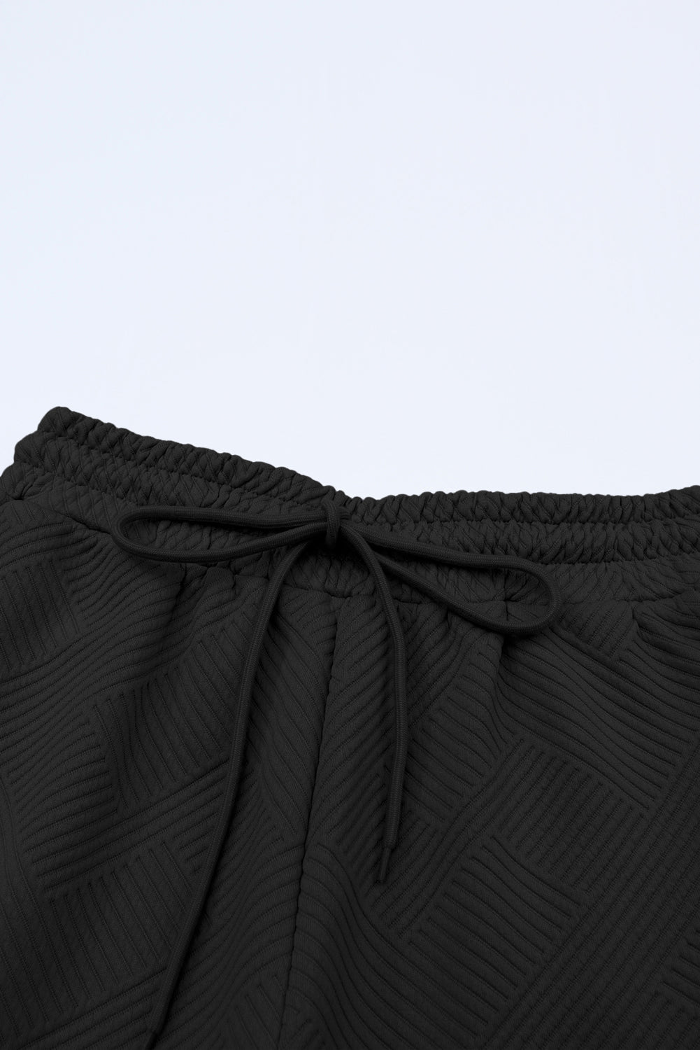 Black 2pcs Solid Textured Drawstring Shorts Set