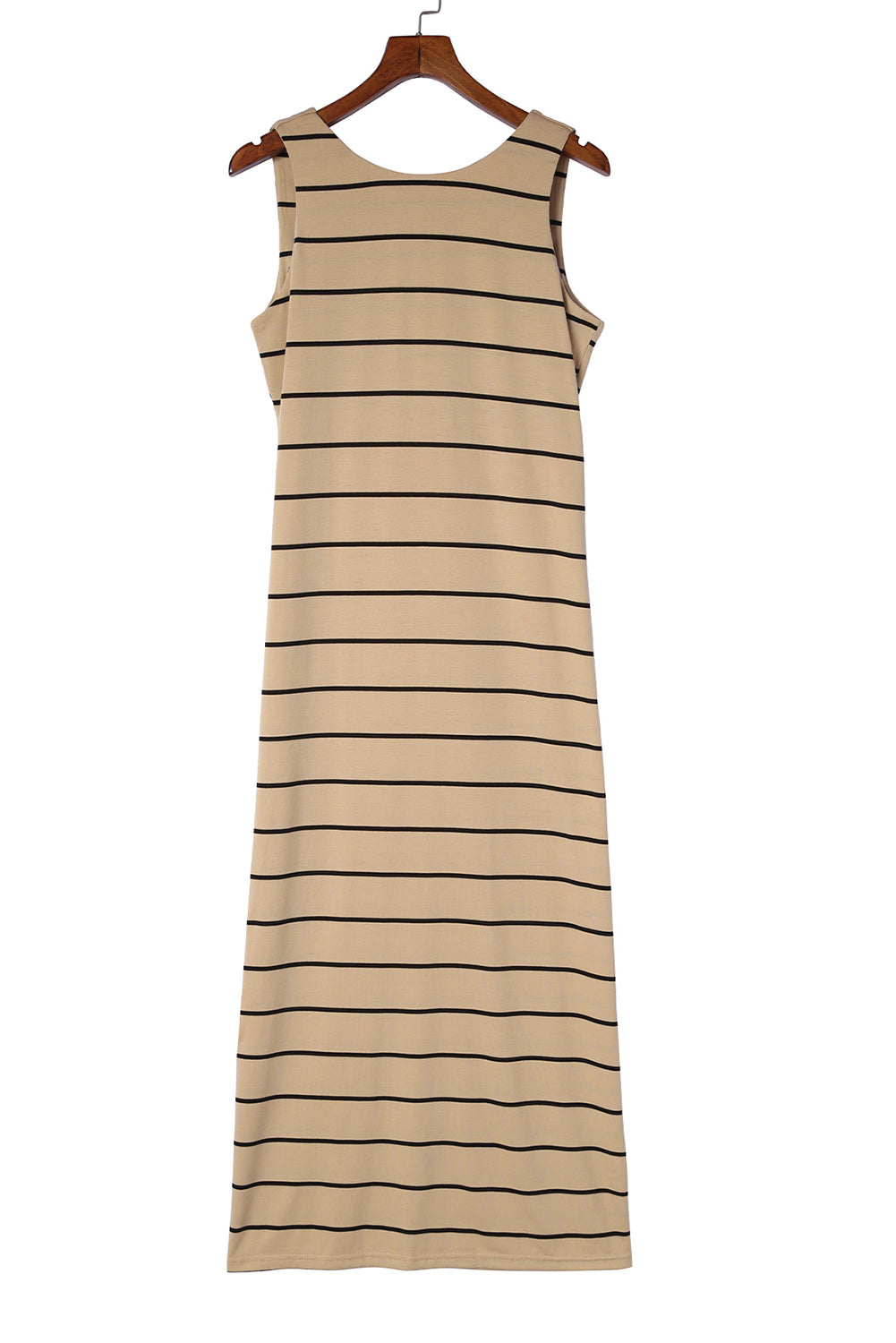Khaki Stripe Print Open Back Sleeveless Maxi Dress with Slits