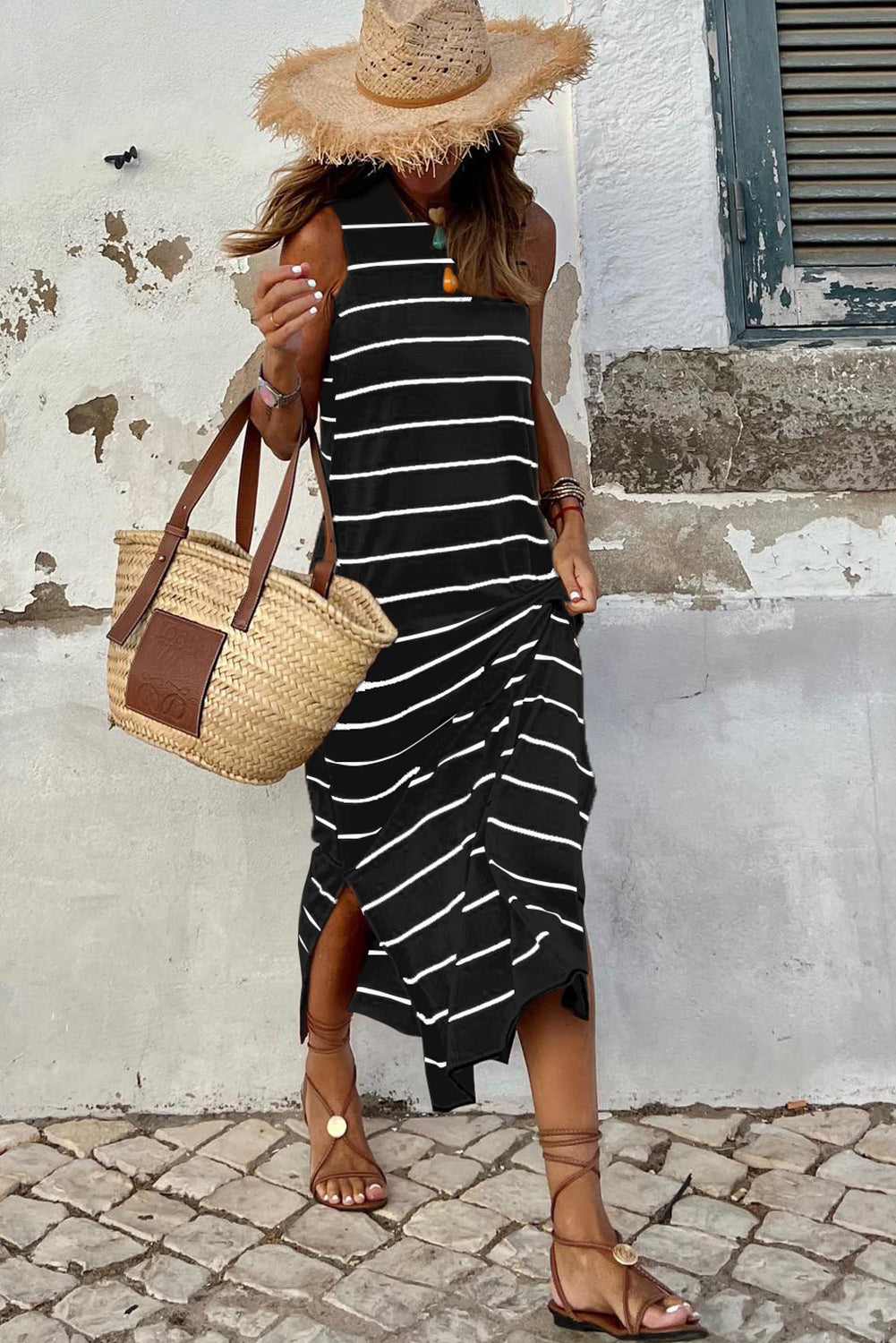 Khaki Stripe Print Open Back Sleeveless Maxi Dress with Slits