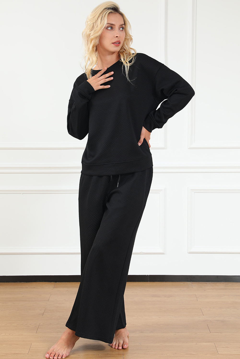 Black 2pcs Solid Textured Drawstring Shorts Set