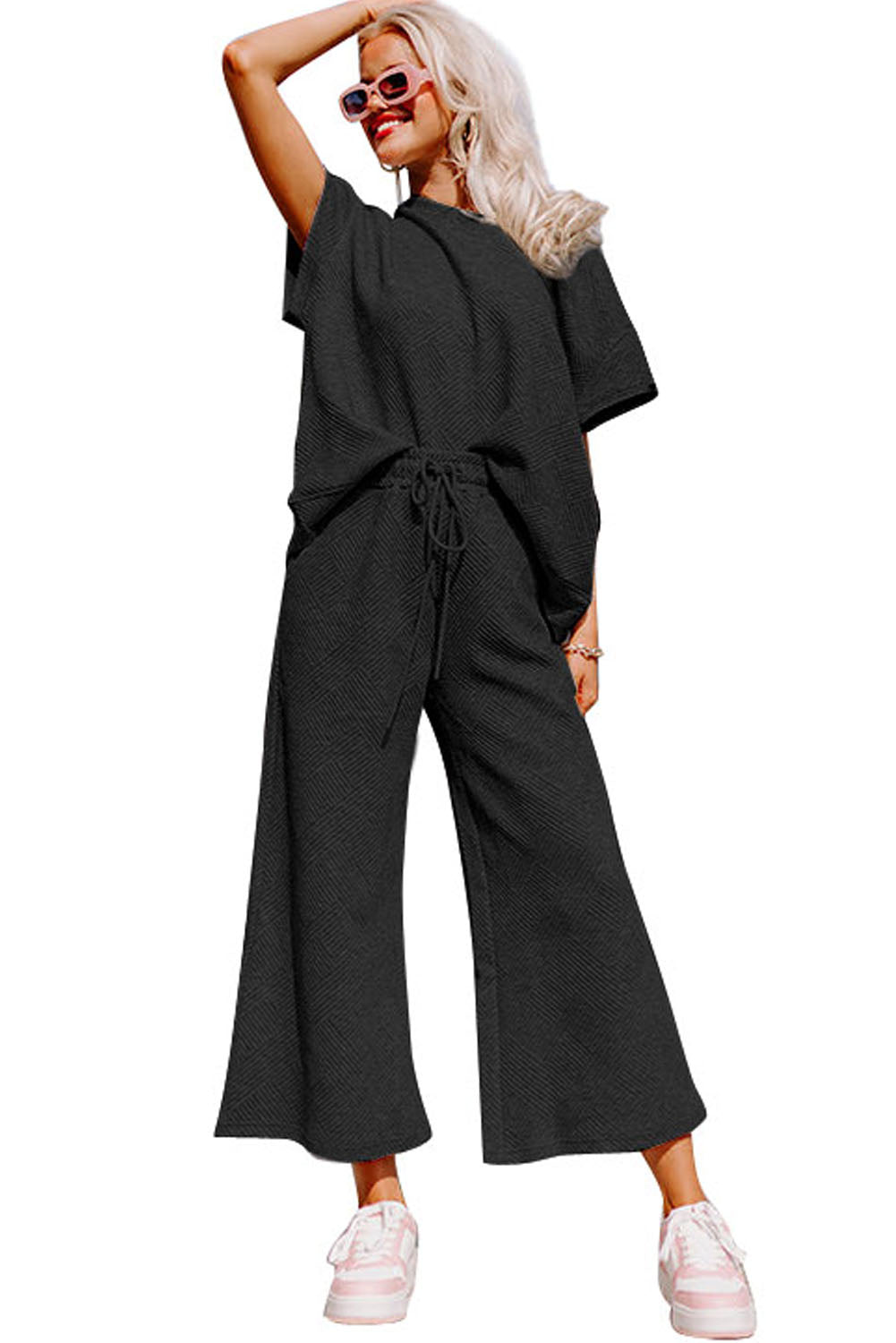 Black 2pcs Solid Textured Drawstring Shorts Set