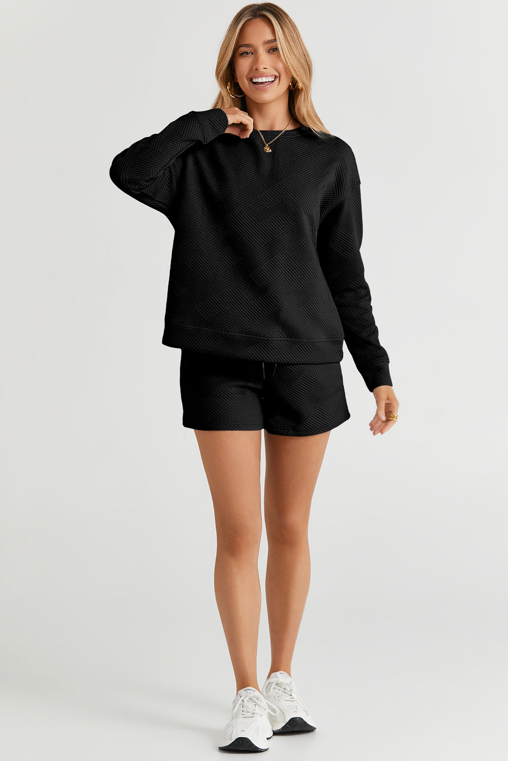 Black 2pcs Solid Textured Drawstring Shorts Set
