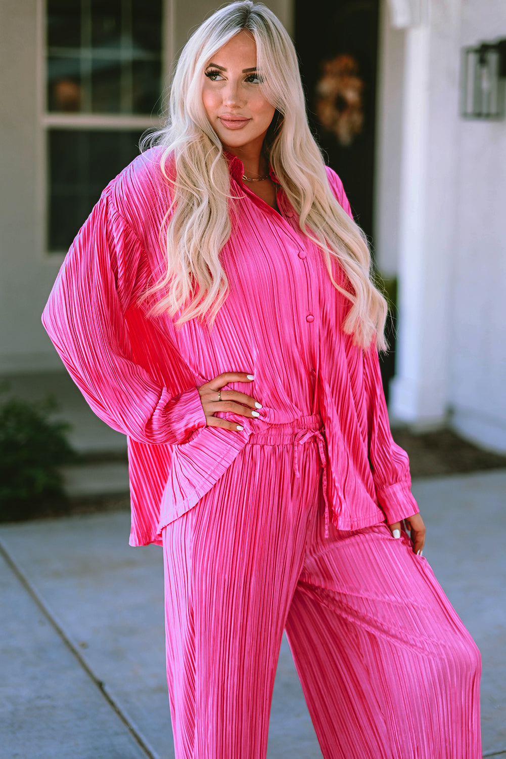 Black 3/4 Sleeves Pleated Shirt and High Waist Shorts Lounge Set