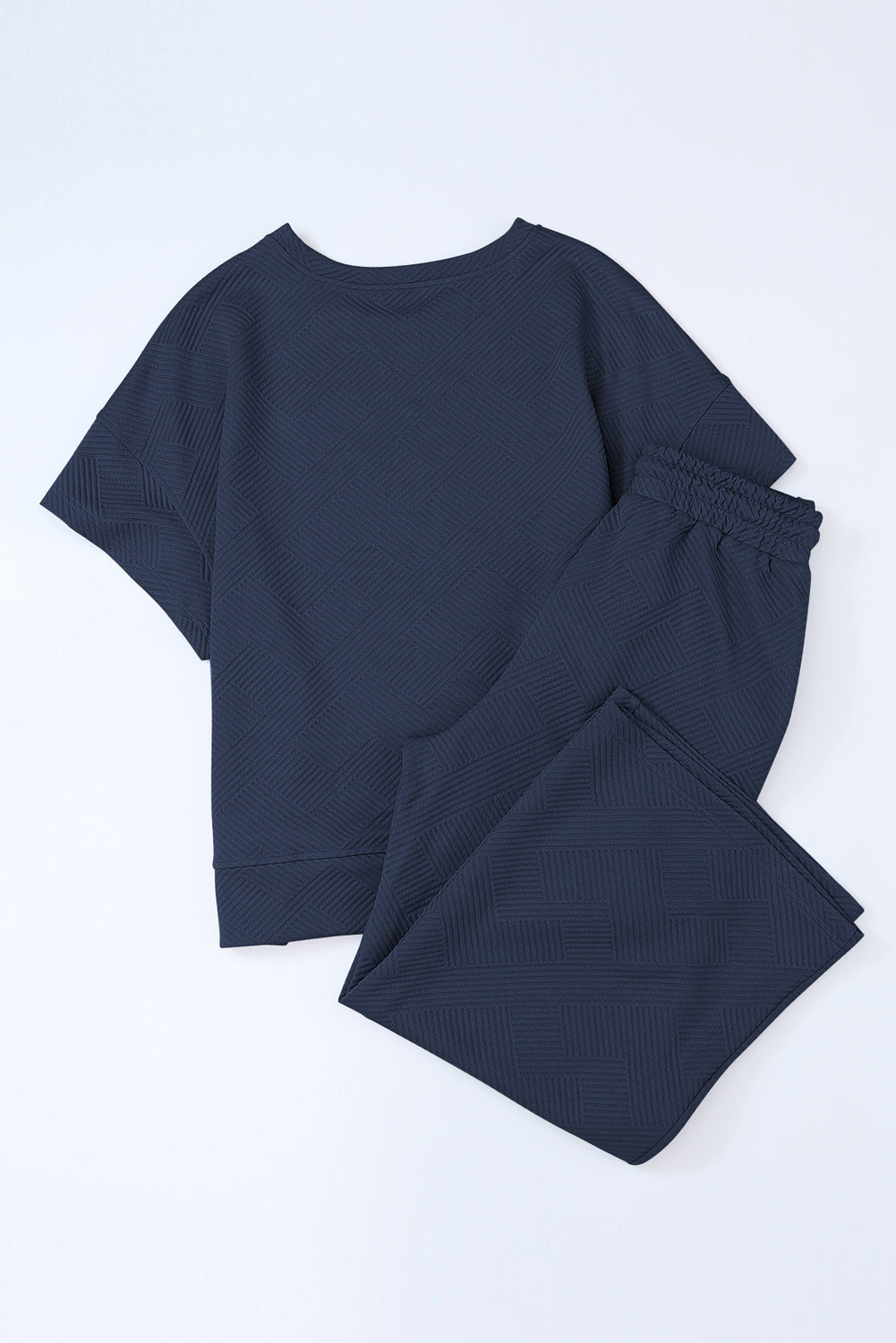 Black 2pcs Solid Textured Drawstring Shorts Set