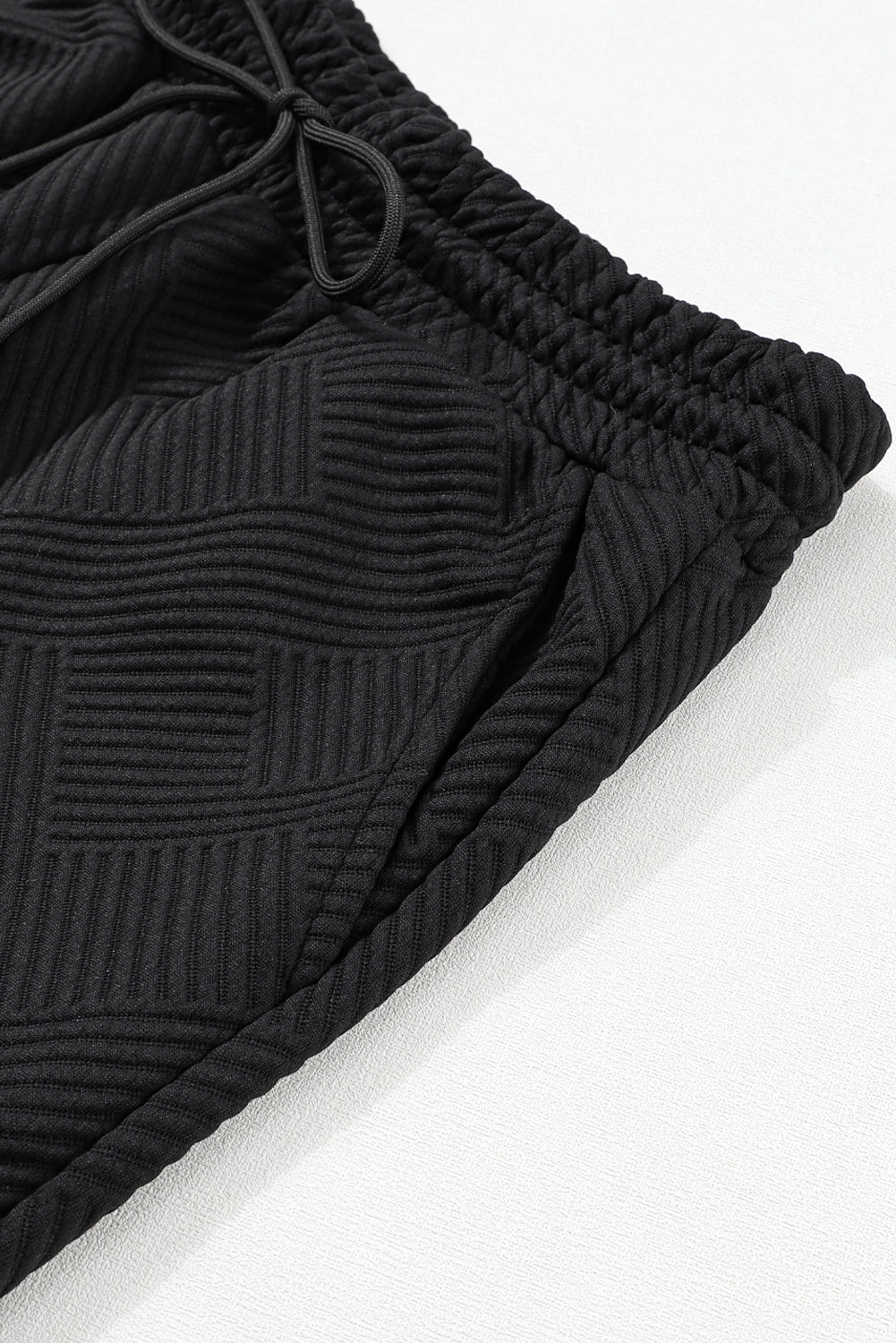Black 2pcs Solid Textured Drawstring Shorts Set