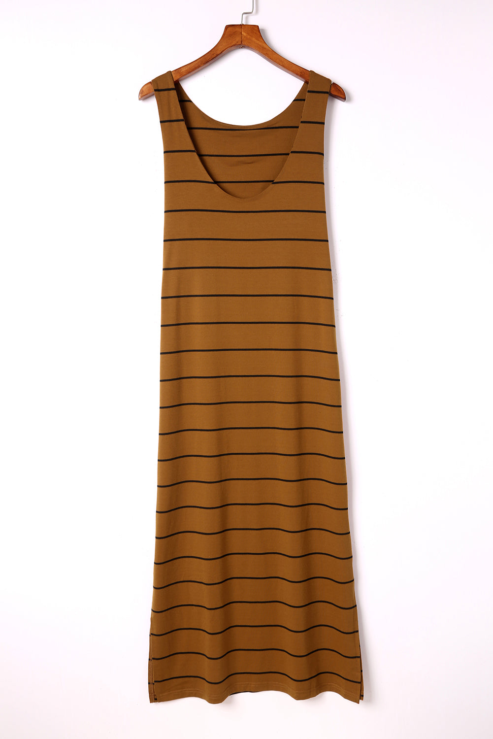 Khaki Stripe Print Open Back Sleeveless Maxi Dress with Slits
