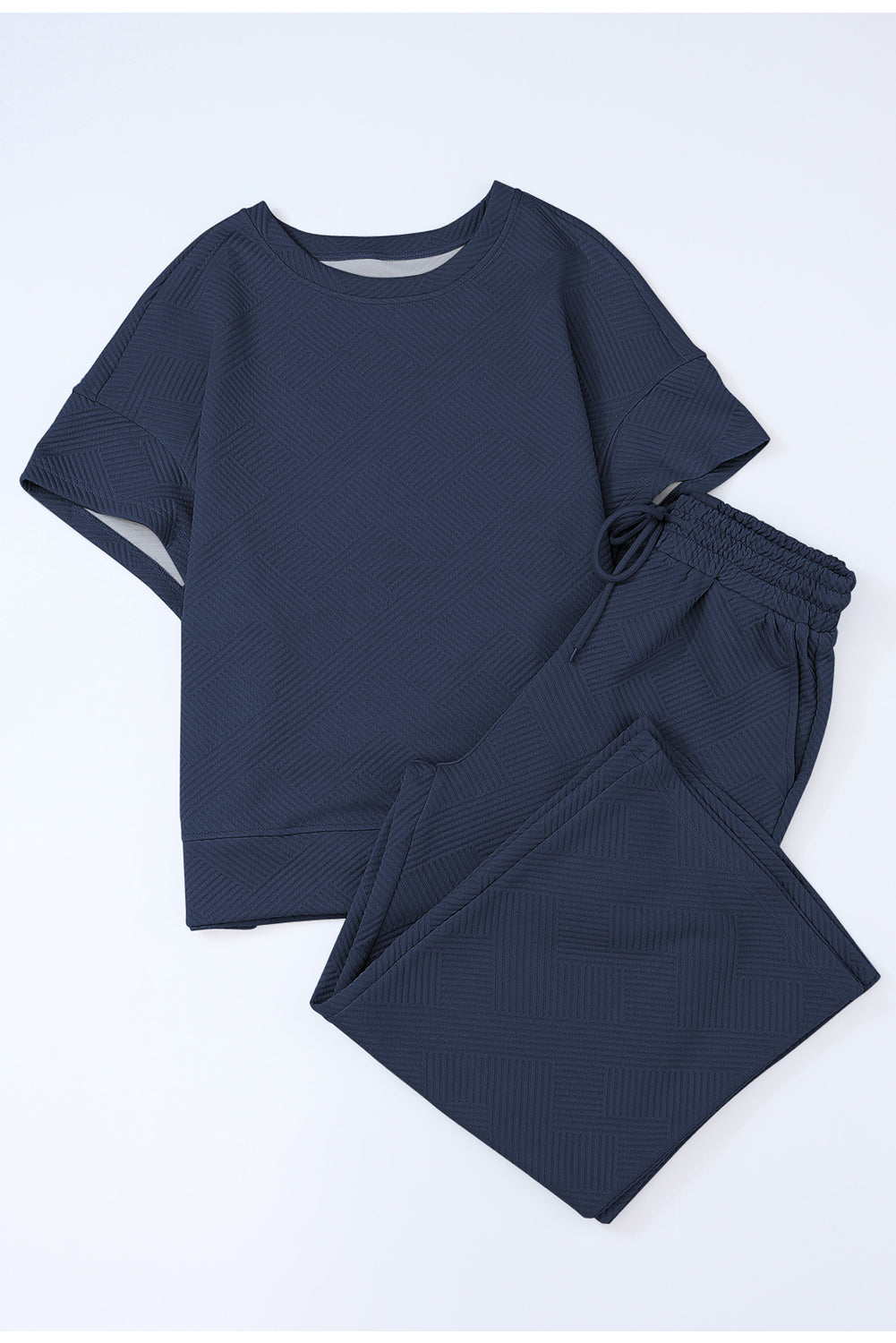 Black 2pcs Solid Textured Drawstring Shorts Set