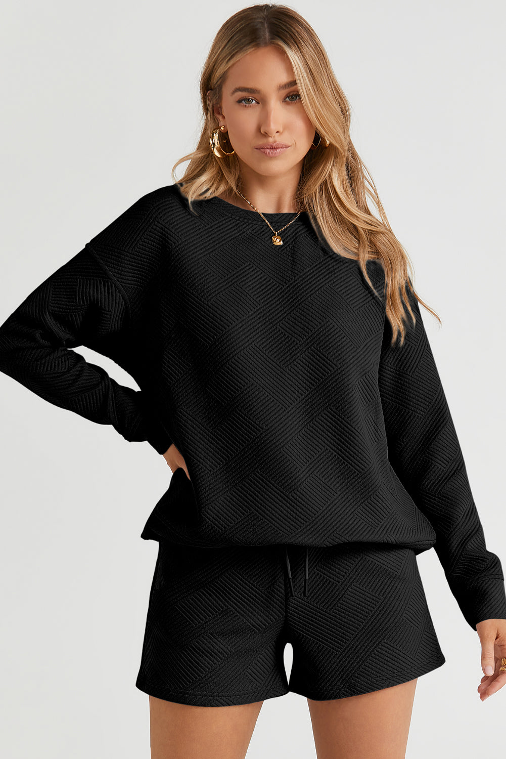 Black 2pcs Solid Textured Drawstring Shorts Set