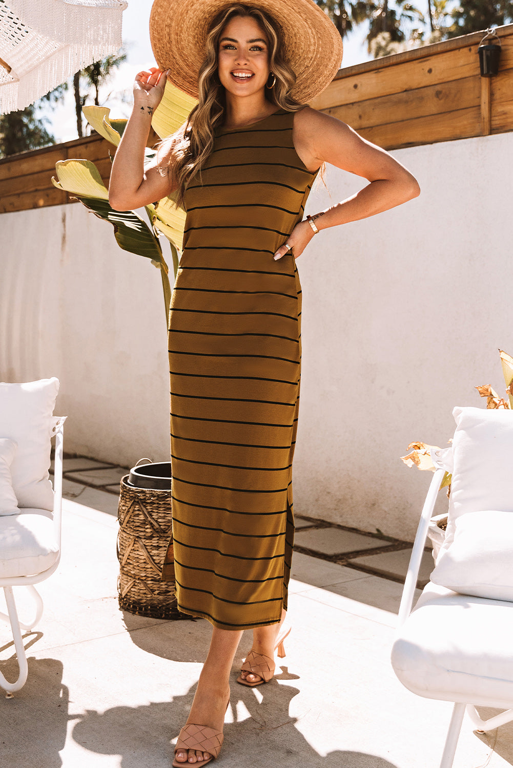 Khaki Stripe Print Open Back Sleeveless Maxi Dress with Slits