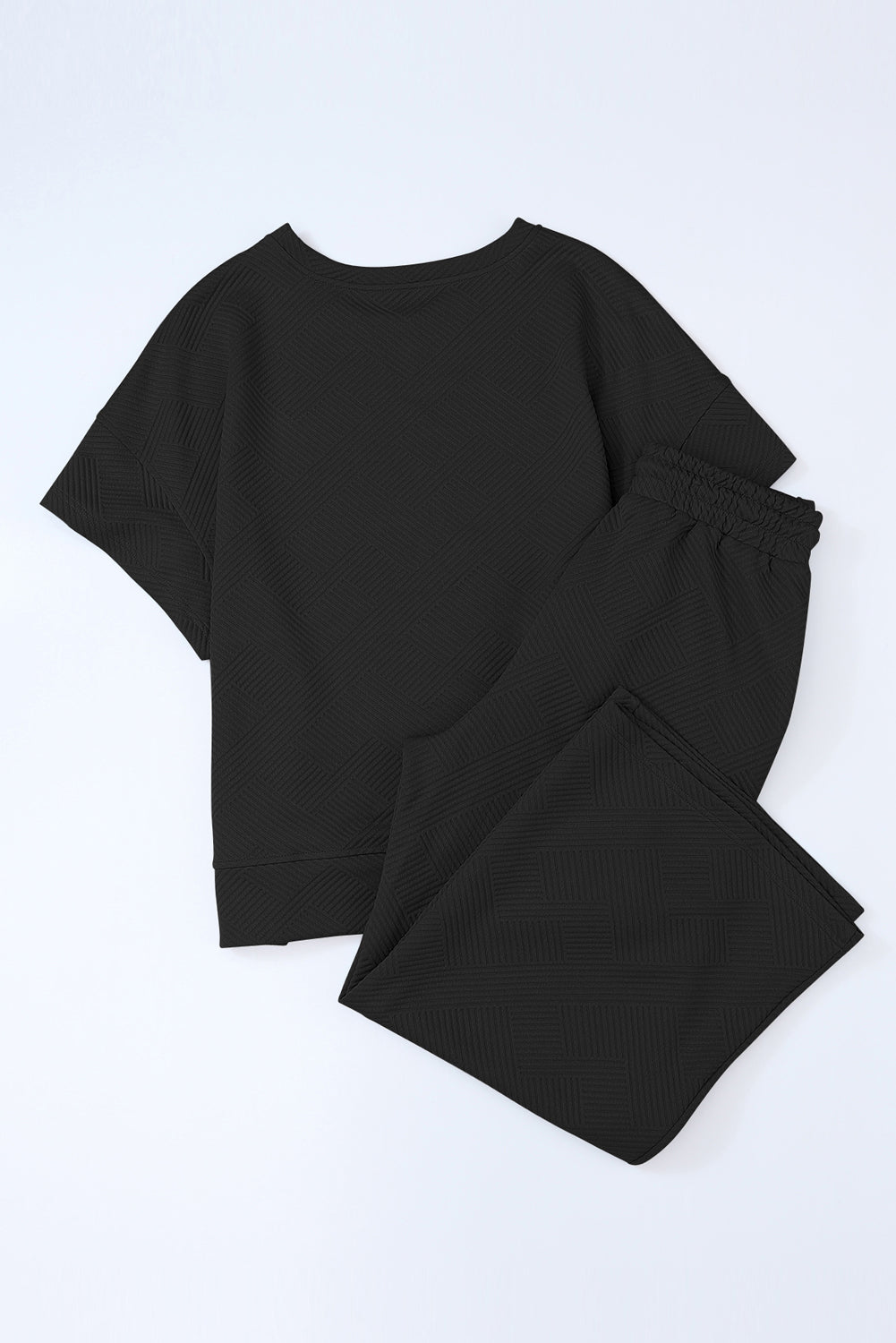 Black 2pcs Solid Textured Drawstring Shorts Set