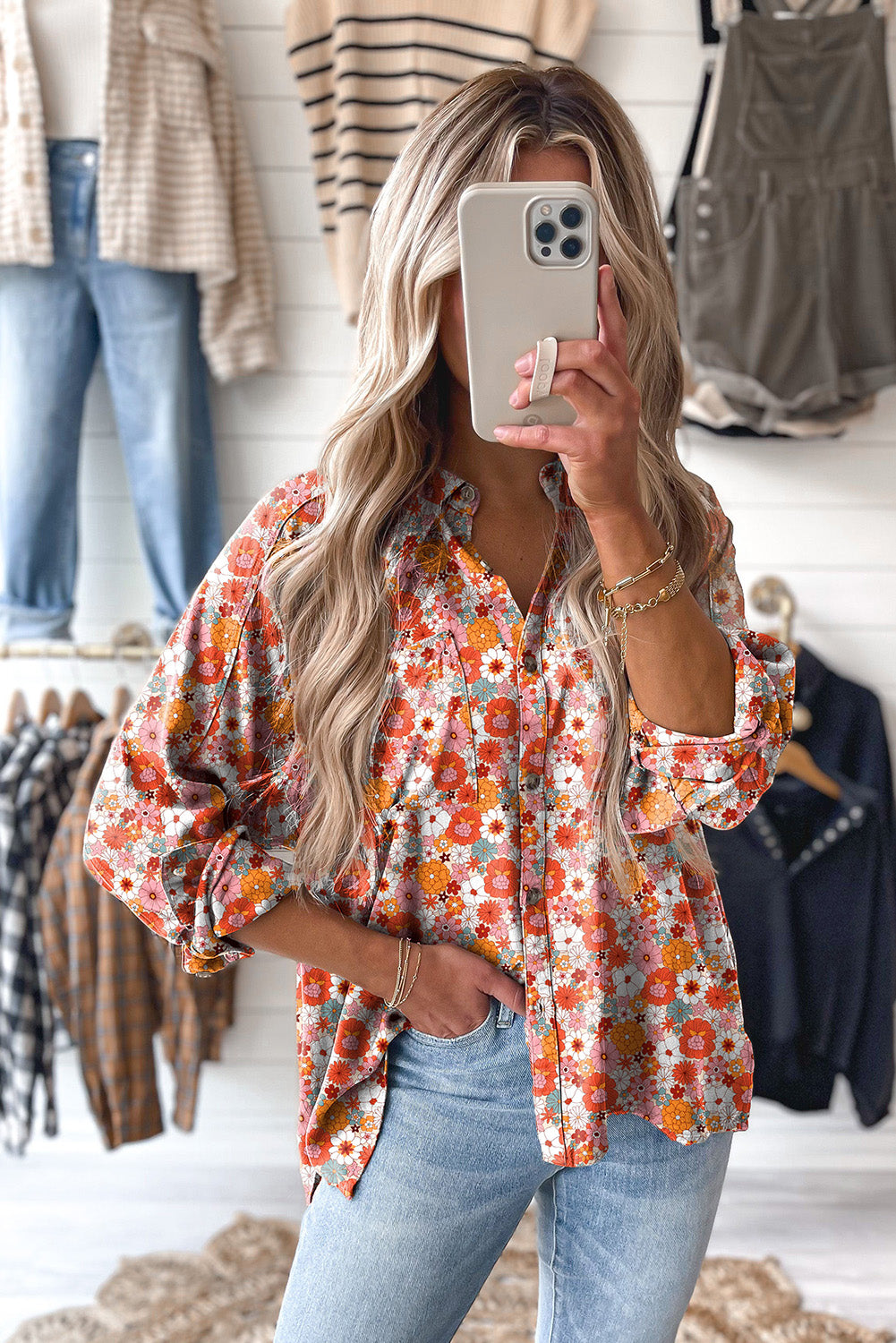 Multicolor Boho Floral Collared Long Sleeve Ruffled Dress
