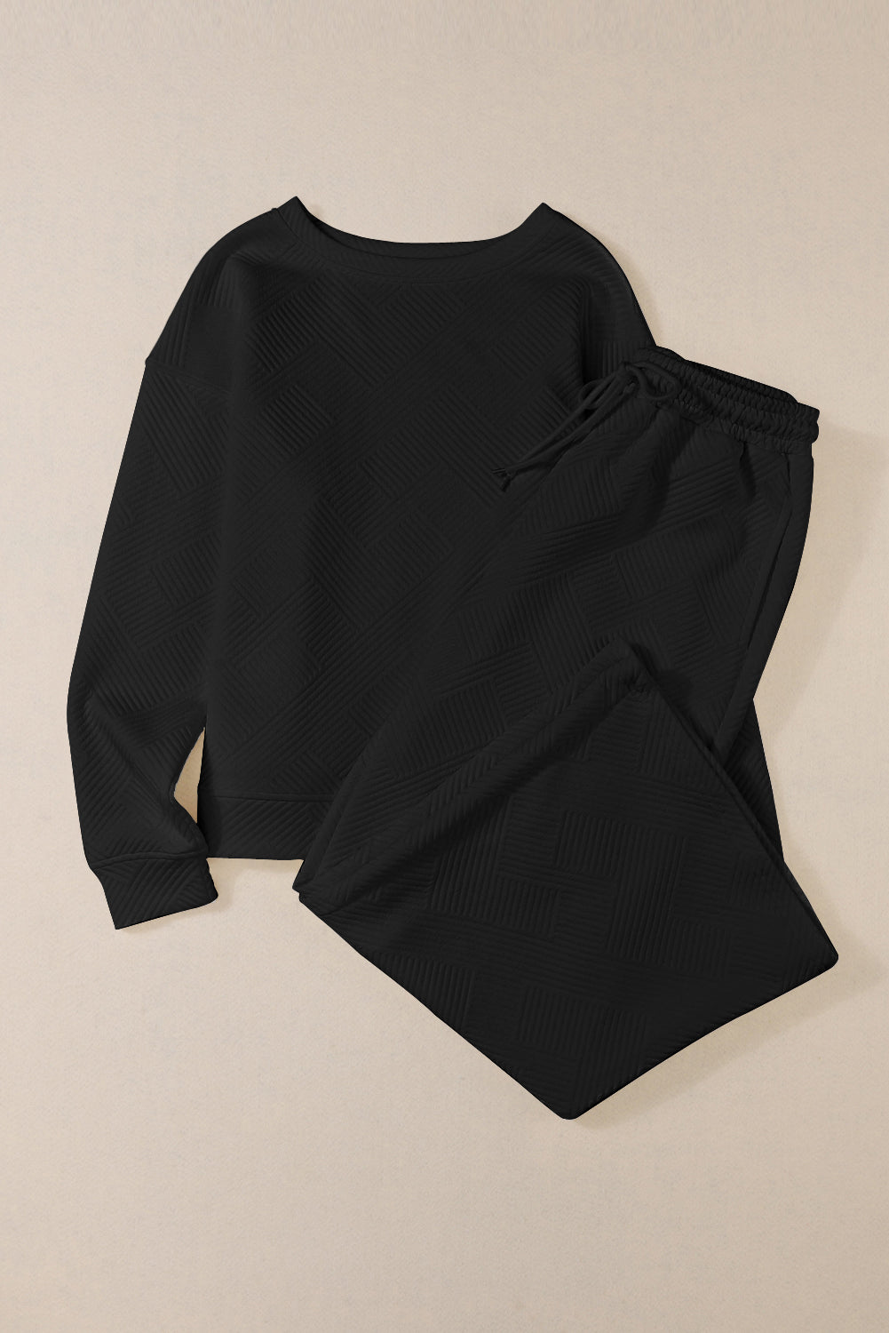 Black 2pcs Solid Textured Drawstring Shorts Set