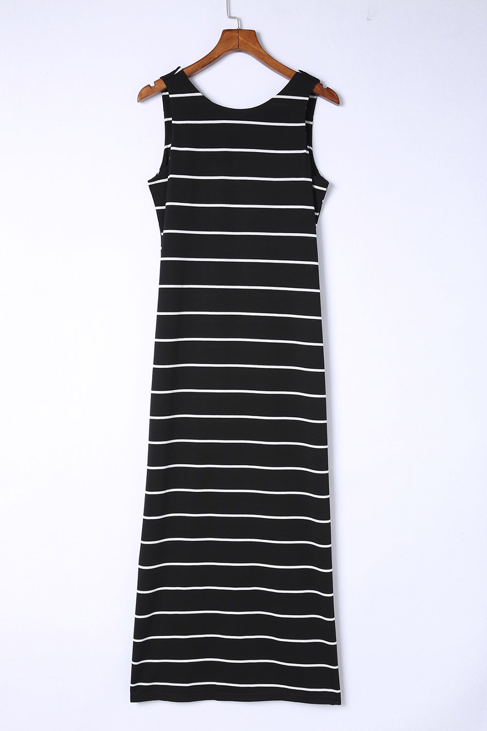 Khaki Stripe Print Open Back Sleeveless Maxi Dress with Slits