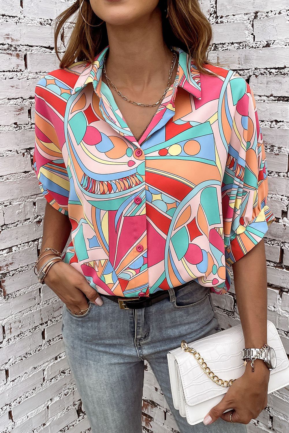 Multicolor Abstract Geometric Print Tassel Tie Flared Dress
