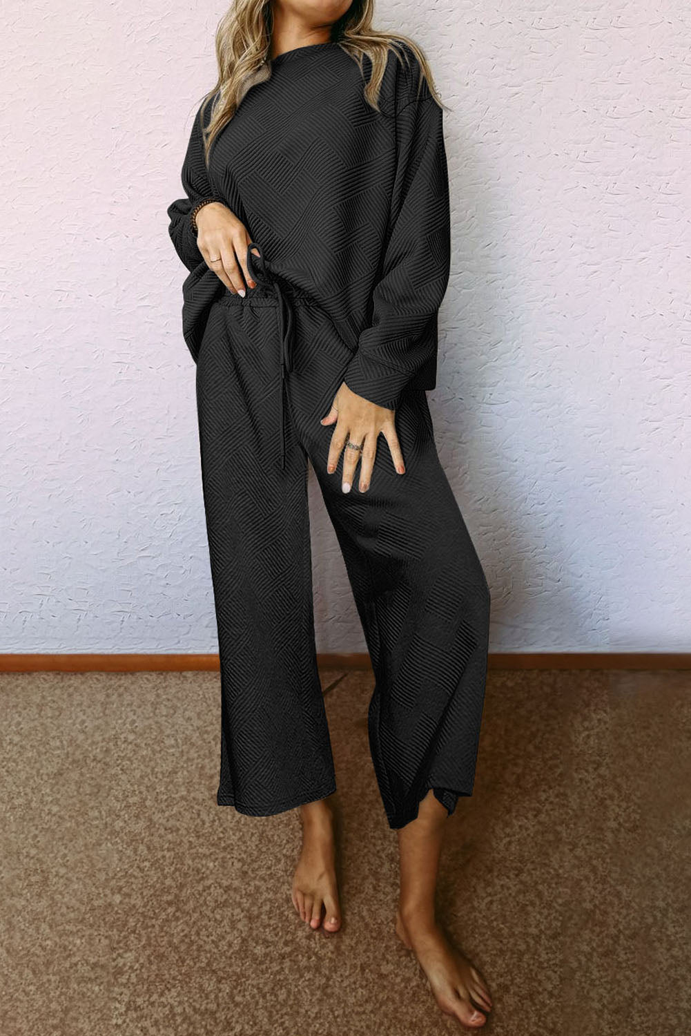 Black 2pcs Solid Textured Drawstring Shorts Set