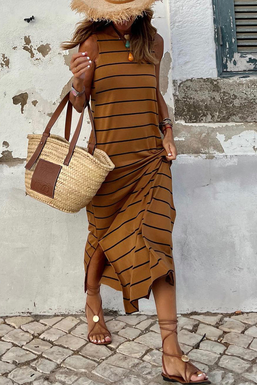 Khaki Stripe Print Open Back Sleeveless Maxi Dress with Slits