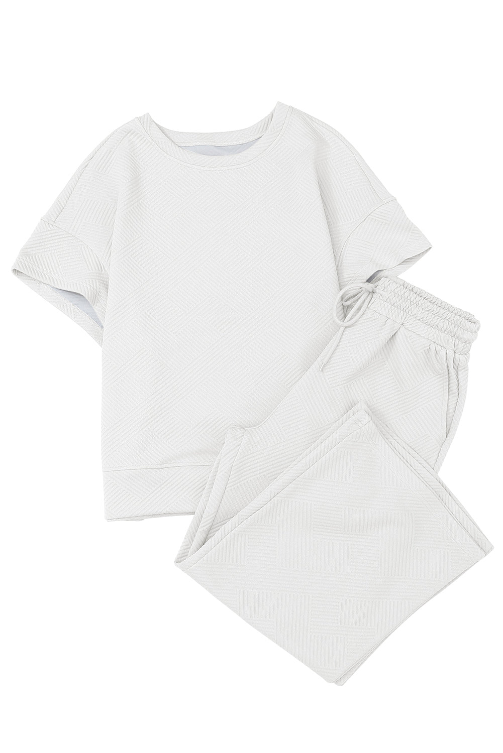 Black 2pcs Solid Textured Drawstring Shorts Set