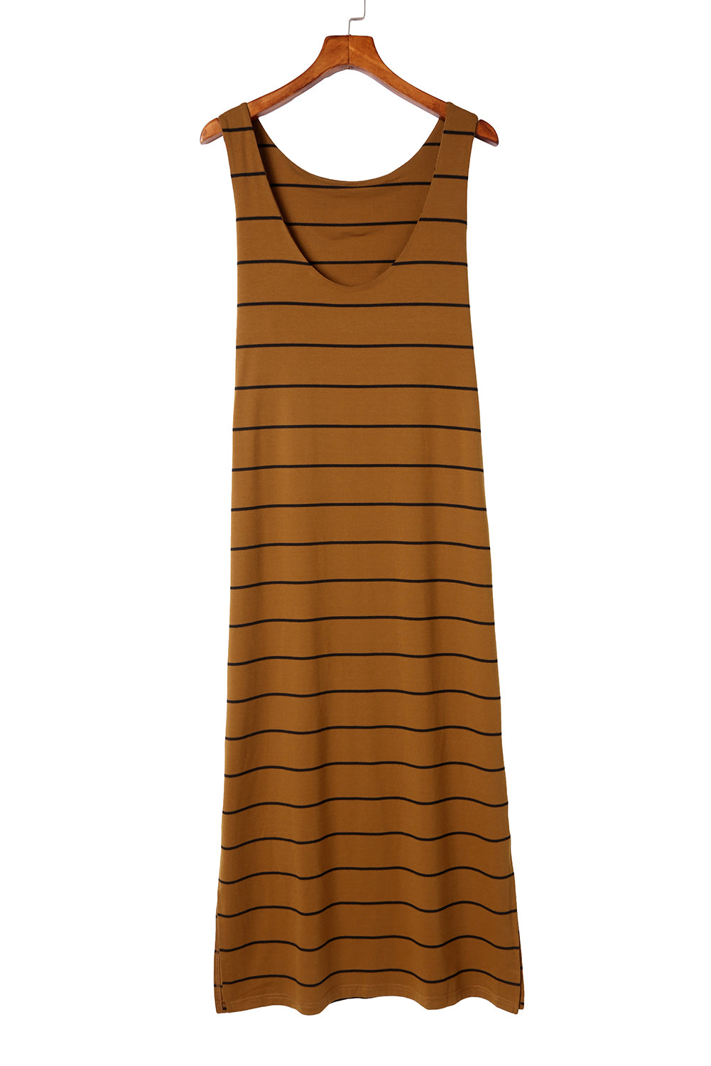 Khaki Stripe Print Open Back Sleeveless Maxi Dress with Slits