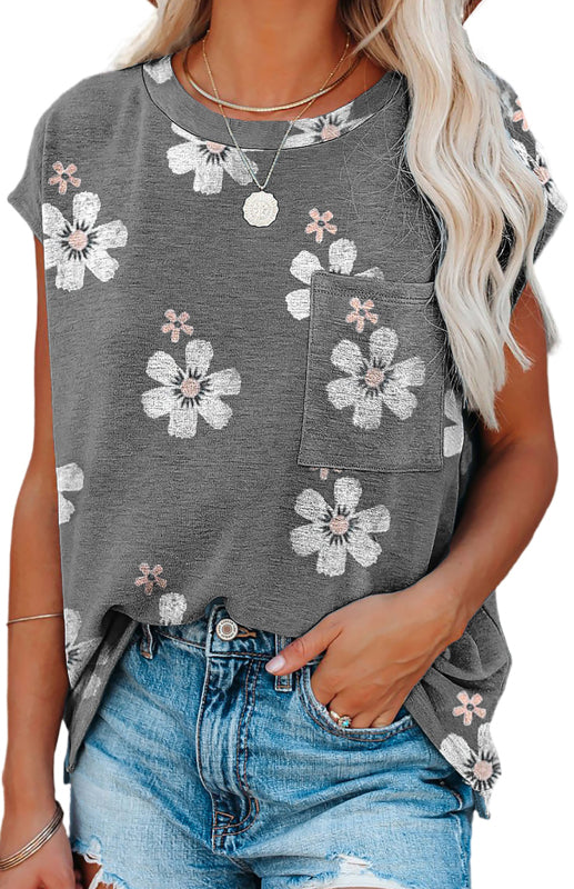 Grey Crew Neck Printed Short Sleeve Pocket T-Shirt
