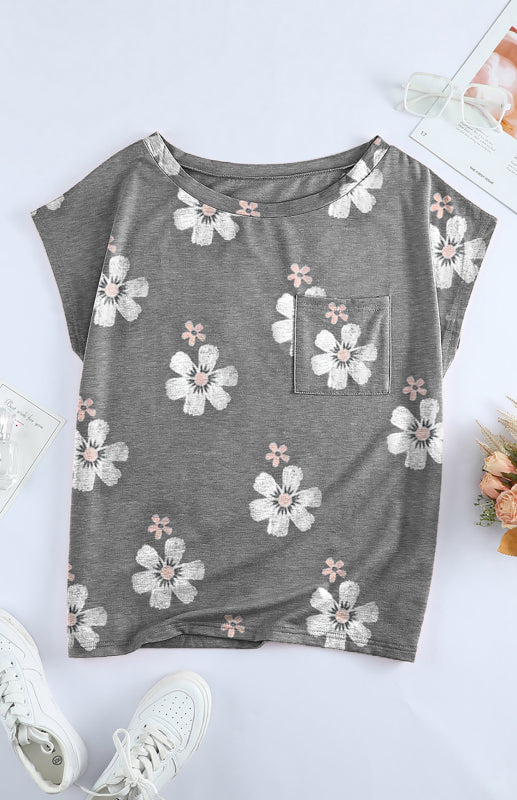Grey Crew Neck Printed Short Sleeve Pocket T-Shirt