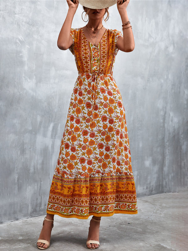 Women's Woven V-Neck Long Bohemian Dress