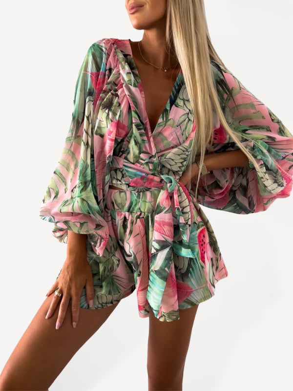 V-neck tropical rainforest jumpsuit