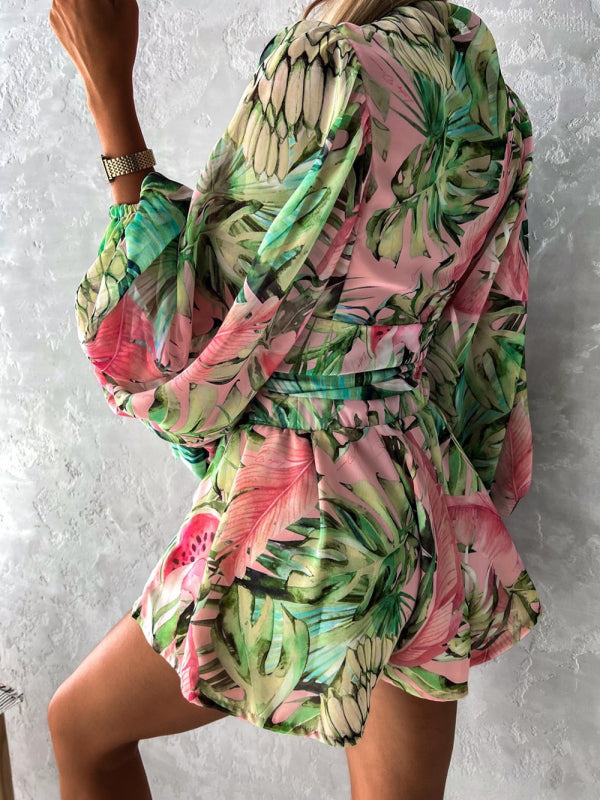 V-neck tropical rainforest jumpsuit