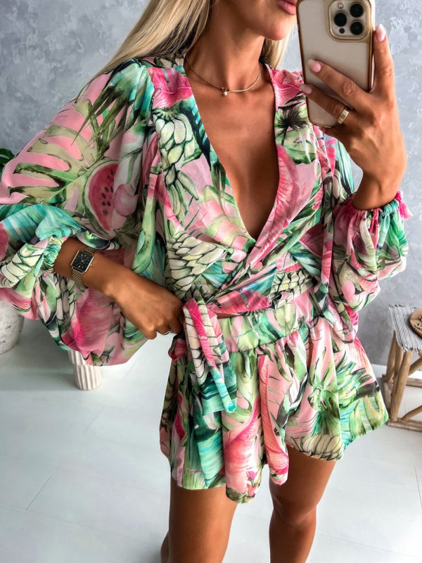 V-neck tropical rainforest jumpsuit