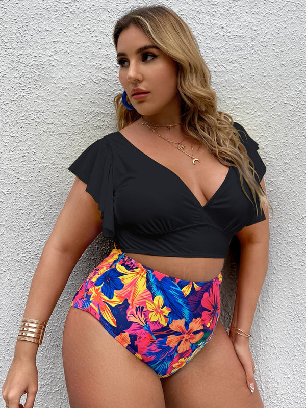Black Frill Top & Black High Waist Bottom Bikini Set