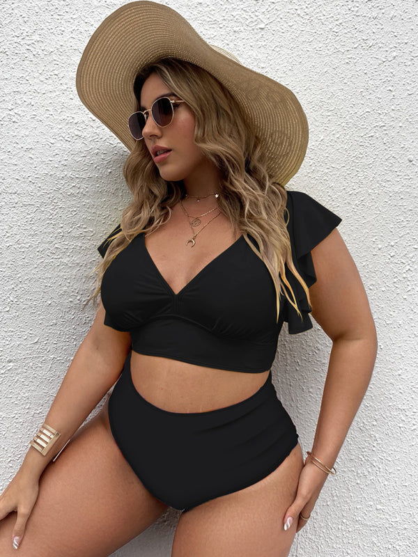Black Frill Top & Black High Waist Bottom Bikini Set