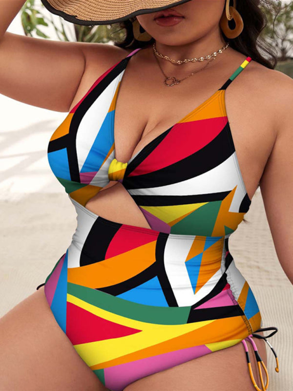 Coloured Geo Print Push-up Hollow One-Piece Swimsuit